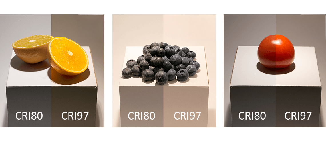 CRI 80 vs CRI 97 LED track light comparison showing color accuracy difference on fabric, plants, and retail products under same lighting conditions