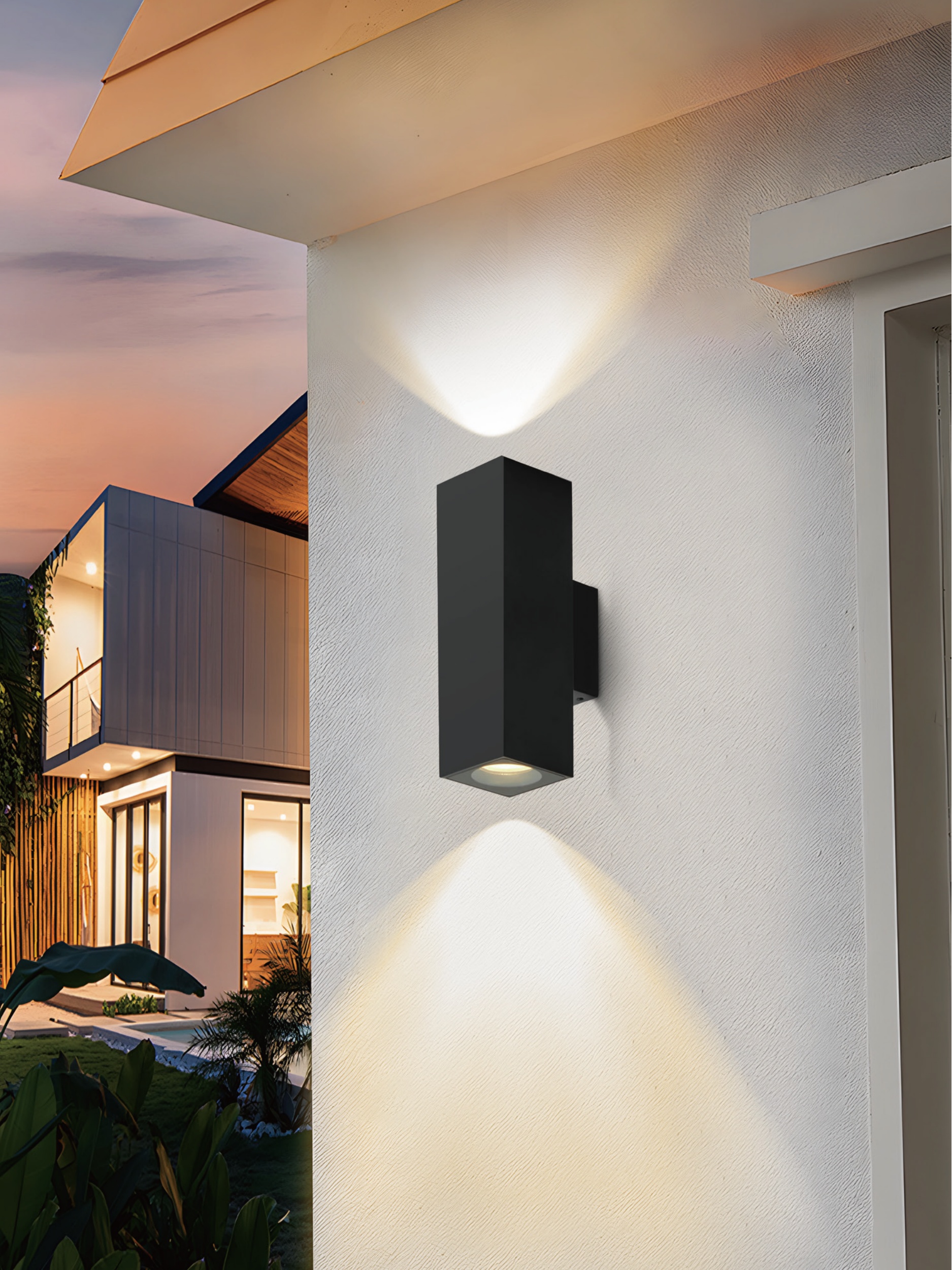 IP65 outdoor square wall sconce up down light beam on villa entrance wall 2200K warm white IP65 outdoor square wall sconce up down light beam on villa entrance wall 2200K warm white