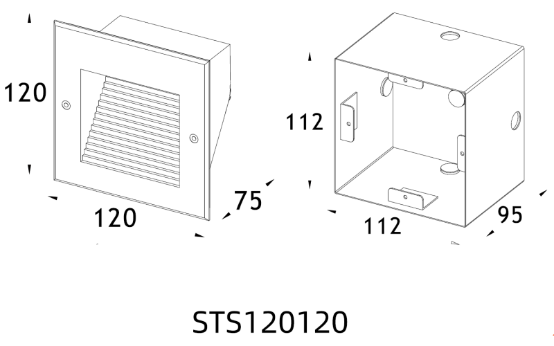 STS120120 rectangular louvered LED step light, line drawing with dimensions of 120mm L x 120mm H, 95mm depth, and 100mm louver opening. STS120120 rectangular louvered LED step light, line drawing with dimensions of 120mm L x 120mm H, 95mm depth, and 100mm louver opening.