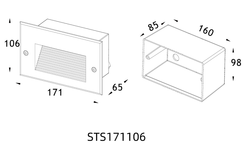 STS171106 rectangular louvered LED step light, line drawing with dimensions of 171mm L x 106mm H, 85mm depth, and 150mm louver opening. STS171106 rectangular louvered LED step light, line drawing with dimensions of 171mm L x 106mm H, 85mm depth, and 150mm louver opening.