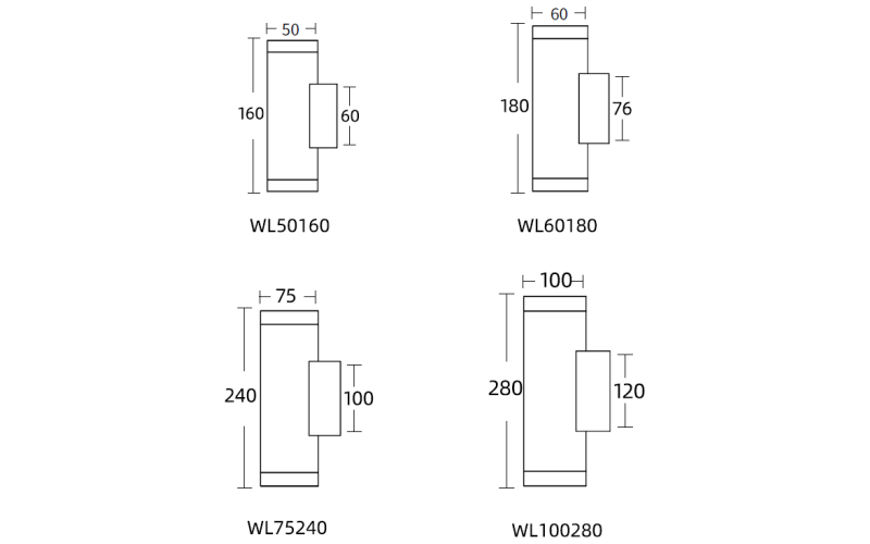 WL50160 wall mount square wall light, line drawing with dimensions of 50mm L x 50mm W, and 160mm H. WL50160 wall mount square wall light, line drawing with dimensions of 50mm L x 50mm W, and 160mm H.