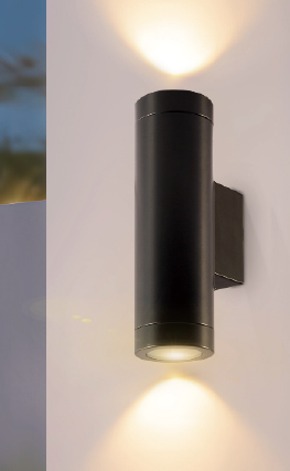 Exterior up and down lights mounted on modern building facade showing dual beam wall wash effect Exterior up and down lights mounted on modern building facade showing dual beam wall wash effect