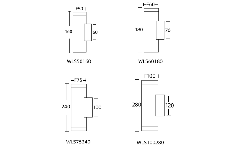 WLS50160 wall mount square wall light, line drawing with dimensions of 50mm L x 50mm W, and 160mm H. WLS50160 wall mount square wall light, line drawing with dimensions of 50mm L x 50mm W, and 160mm H.