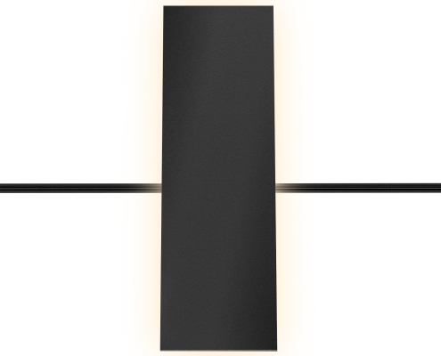 UMWS2005 black 48V rectangular wall sconce providing 360° ambient glow in a contemporary hotel bedroom.