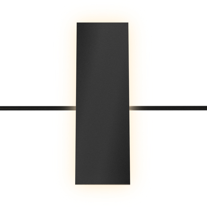 52 UMWS2005 black 48V rectangular wall sconce providing 360° ambient glow in a contemporary hotel bedroom.