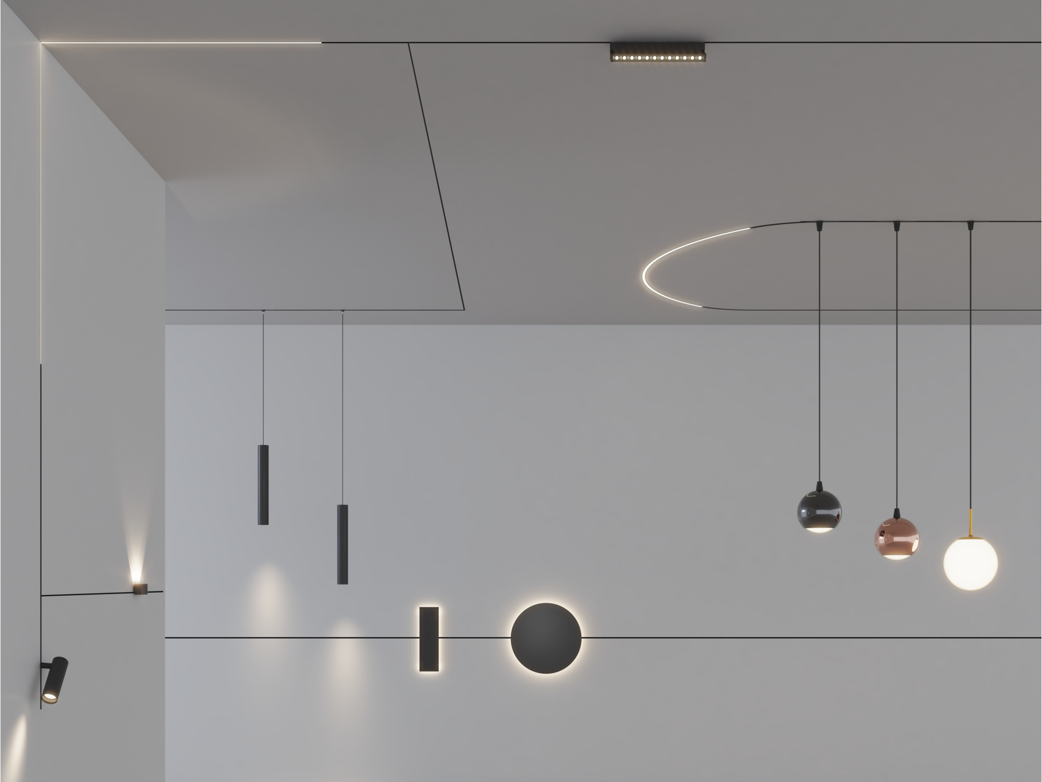 Minimalist grey interior showcasing 5mm ultra-thin magnetic track lighting, curved linear LED strips, and modern spherical pendant lamp installation.