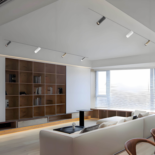 Architectural product rendering of a 5mm ultra-slim magnetic track system with adjustable black spotlights, demonstrating its near-invisible integration into commercial ceilings.