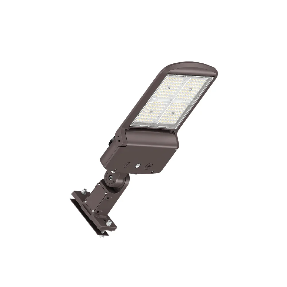 High-output outdoor area light engineered for wide-area security, ensuring safety and uniformity in commercial lighting for pedestrian plazas.