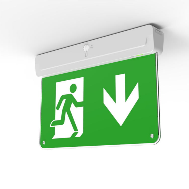 LED emergency and exit sign with a 90-minute backup runtime, a mandatory life-safety component for commercial lighting compliance.