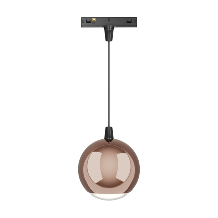 KWT-UMP8005-Rose golden UMP8005 5W spherical aluminum track pendant light displayed in black, rose gold, and silver metallic finishes.