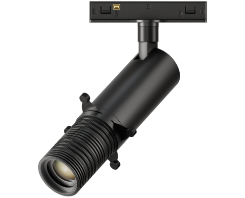 KWT-UMS4015FS-Black gallery spotlight fixture with a sleek matte finish, featuring precise beam cutoff control and technical dimension measurements.