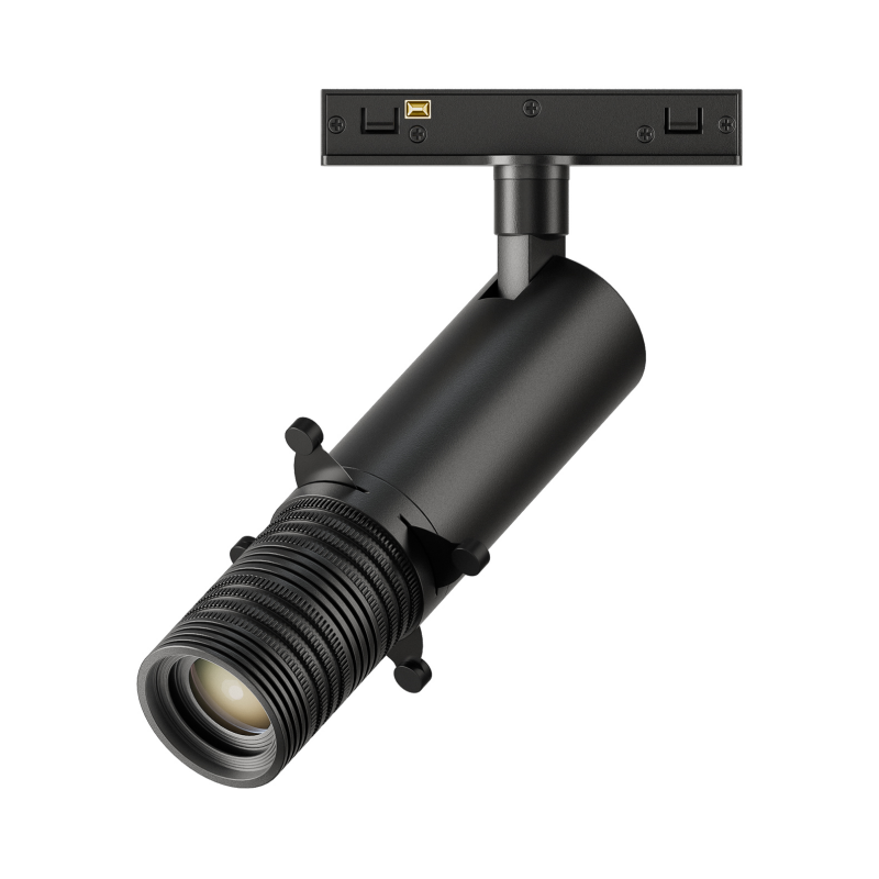 KWT-UMS4015FS-Black gallery spotlight fixture with a sleek matte finish, featuring precise beam cutoff control and technical dimension measurements.