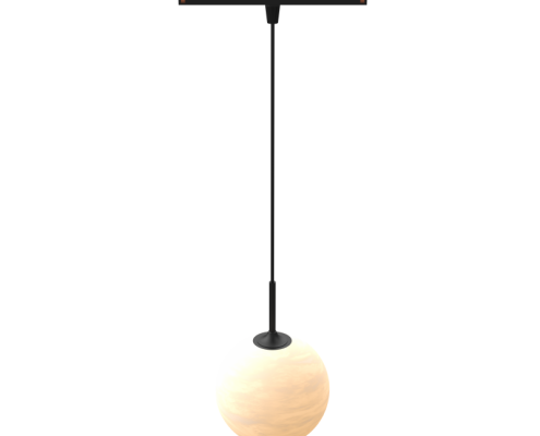 Modern marble dining table illuminated by three glass ball chandeliers on a V7 5mm track system