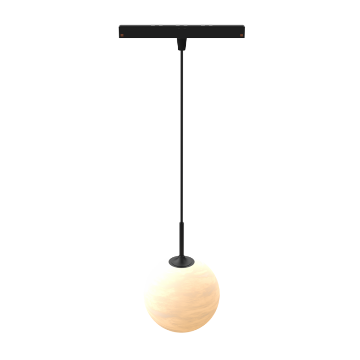Modern marble dining table illuminated by three glass ball chandeliers on a V7 5mm track system