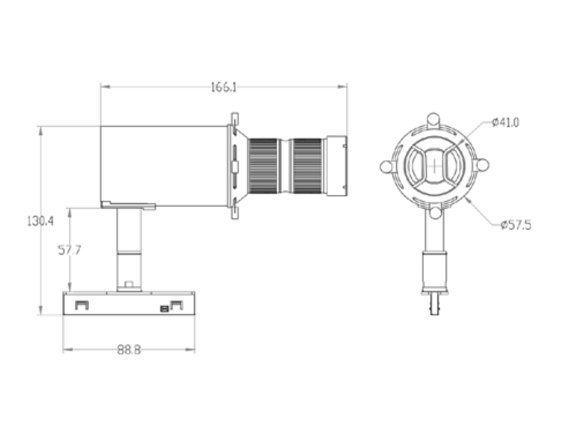 Technical engineering drawing of the UMS4015FS aluminum track fixture, detailing 166.1mm length, 88.8mm mounting base, and 57.5mm body diameter.