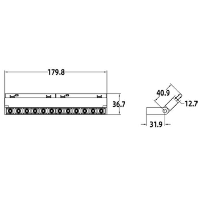 Engineering dimension drawing of UMGS1207 gimbal linear grille track light detailing 179.8mm length and 40.9x12.7mm profile.