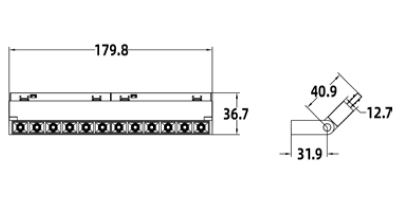 Engineering dimension drawing of UMGS1207 gimbal linear grille track light detailing 179.8mm length and 40.9x12.7mm profile.