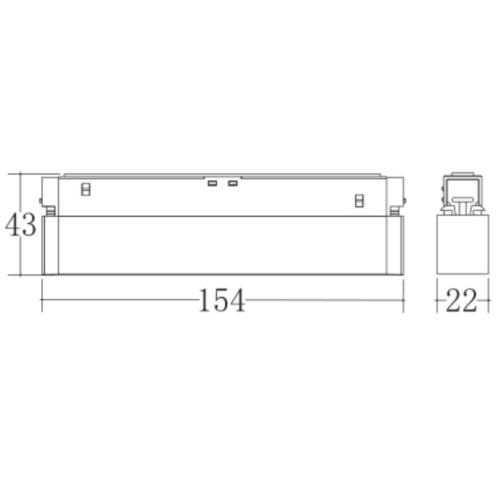 Size schematic for the 48V magnetic linear lamp showing the slim 22mm profile and mounting base layout.