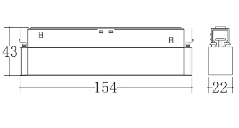 Size schematic for the 48V magnetic linear lamp showing the slim 22mm profile and mounting base layout.