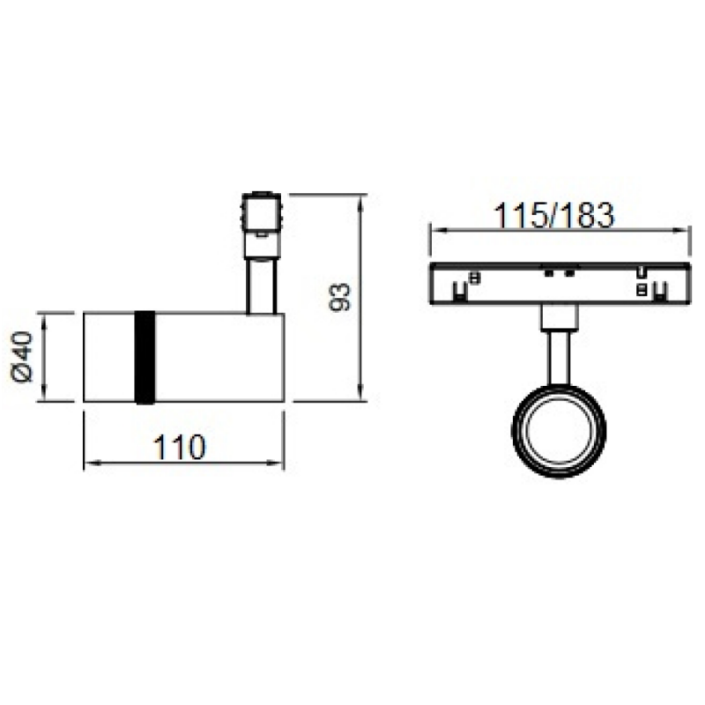 KWT slim line track lighting fixture 110mm length focus spotlight sizing chart