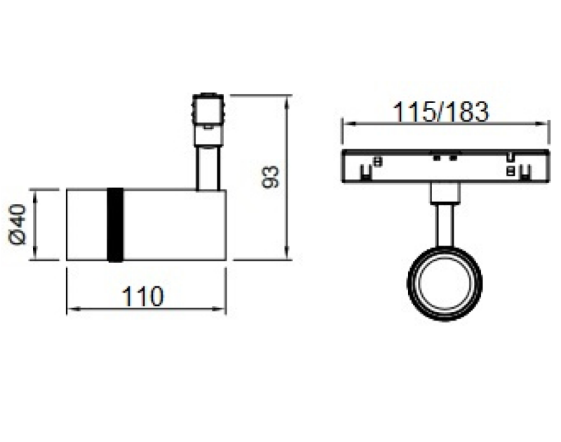 KWT slim line track lighting fixture 110mm length focus spotlight sizing chart