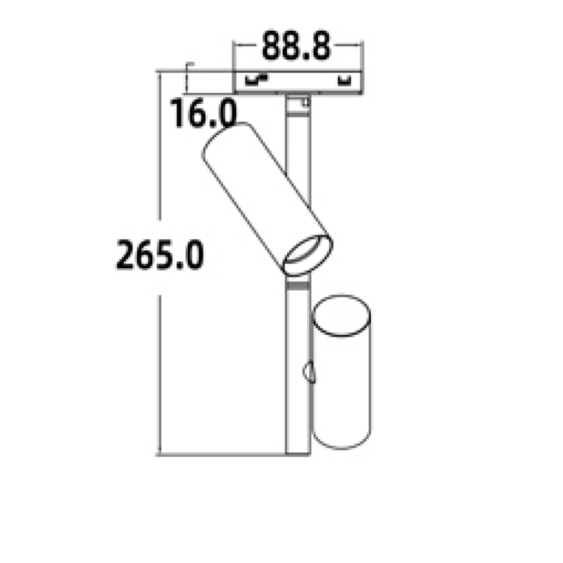 Technical dimension drawing of the UMS4016 twin-head track spotlight, detailing the 265.0mm body height, 88.8mm base width, and adjustable joint angles.