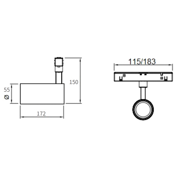 UMS5515-size Technical dimension drawing of UMS5515 15W adjustable track spotlight