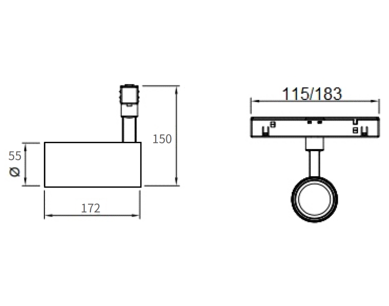 Technical dimension drawing of UMS5515 15W adjustable track spotlight