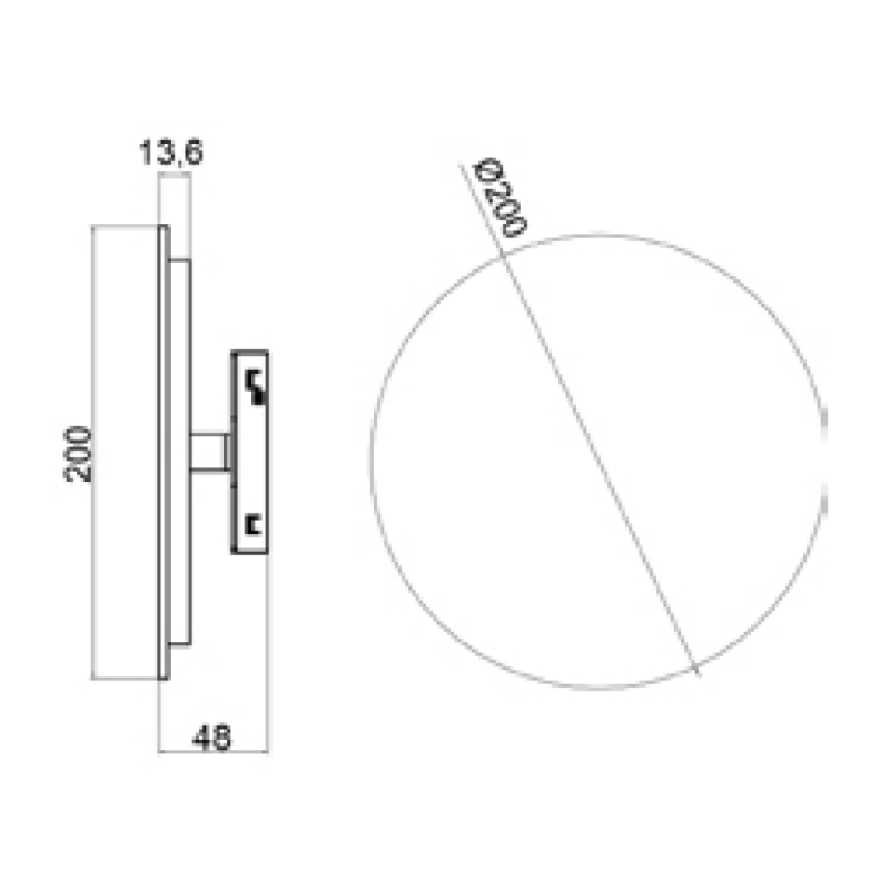 UMWR2007 200mm circular wall sconce drawing showing front and side architectural dimensions for installation.
