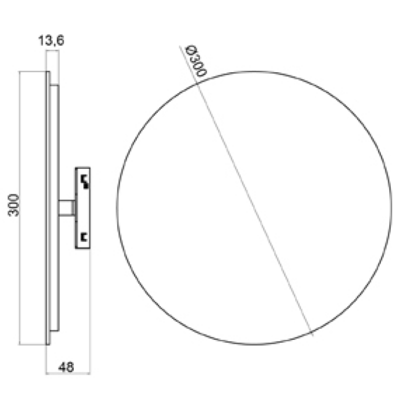 UMWR3010 300mm round architectural wall lamp size schematic detailing the 48V mounting base and 13.6mm depth.