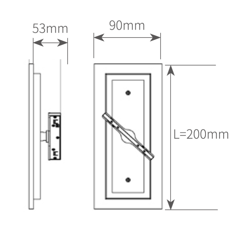 Dimension schematic of the UMWS2005 (200mm) rectangular architectural wall sconce for precise installation.