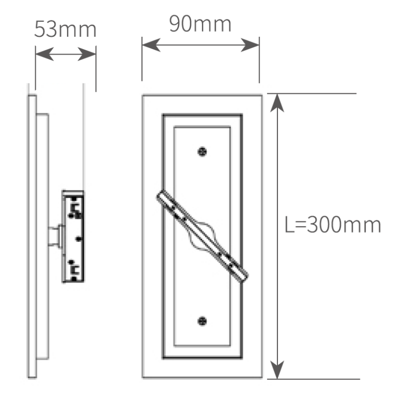 Dimension schematic of the UMWS3008 (300mm) rectangular architectural wall sconce for precise installation.