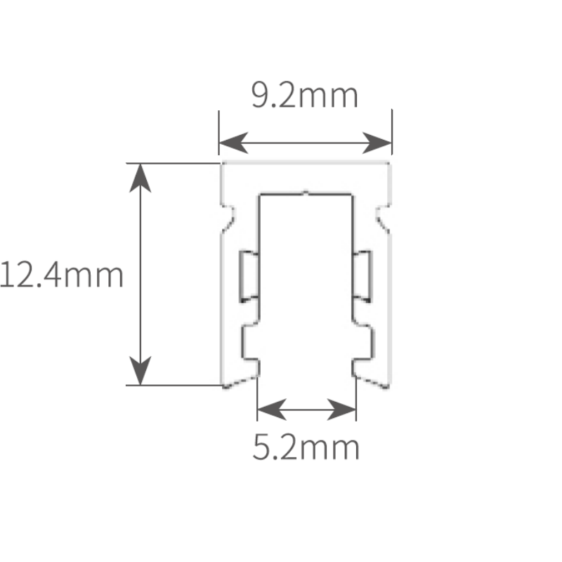 Cross-section dimension schematic of the URC1000A 5mm slim track core, detailing 12.4mm height and 9.2mm width.