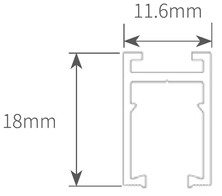Cross-section dimension schematic of the URC1000B 5mm slim track rail cover, highlighting the 18mm height and 11.6mm width profile.