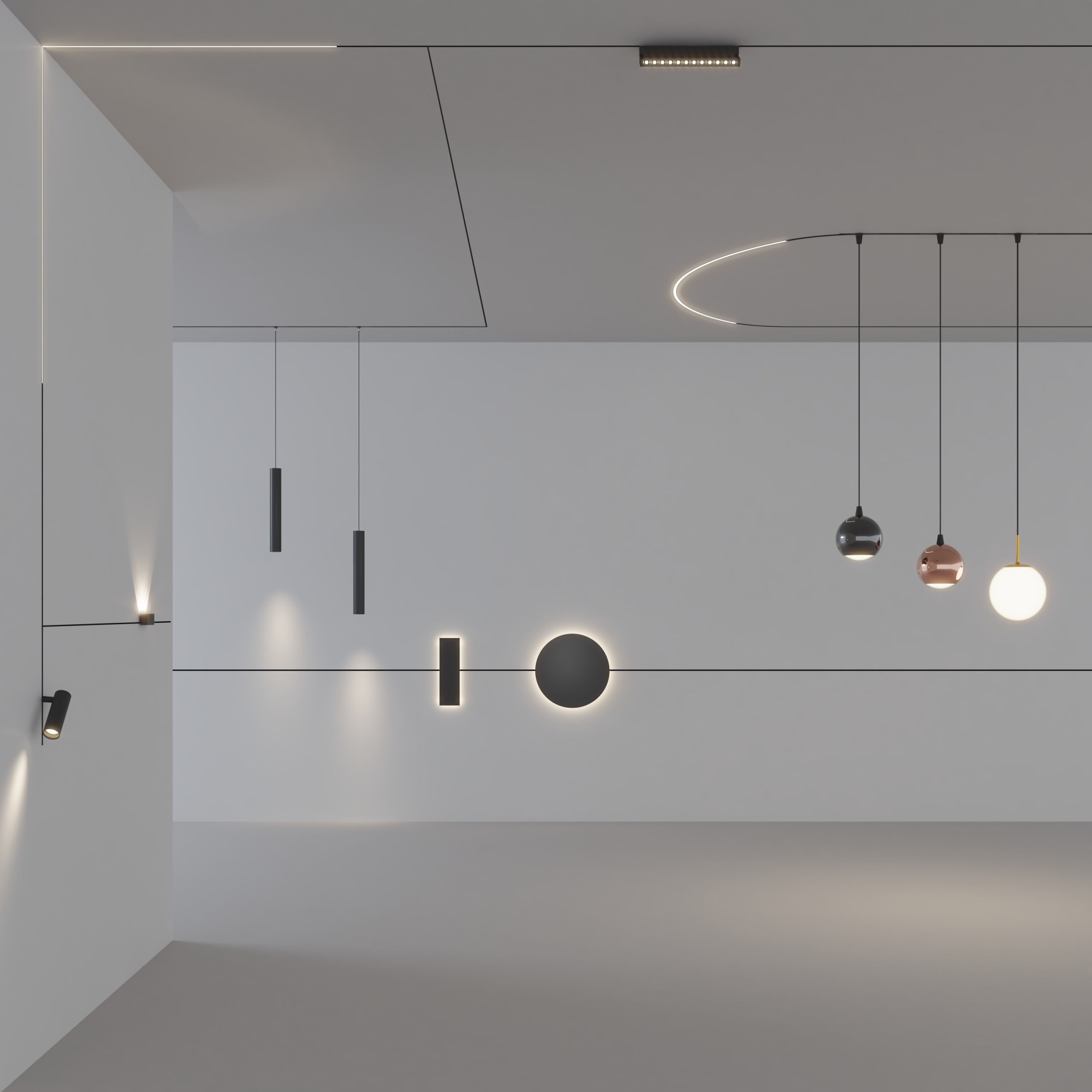 Modular track lighting fixture, a versatile commercial lighting choice that allows independent head pivoting for pinpoint accent illumination.